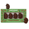 Green box decorated in tiny orange christmas graphics such as christmas trees, oranges and candy canes. Through the clear window in the box you can see four little dark chocolate snowmen