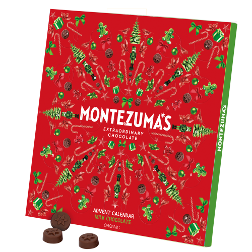 Red and green packaged square advent calendar with 25 windows of chocolate