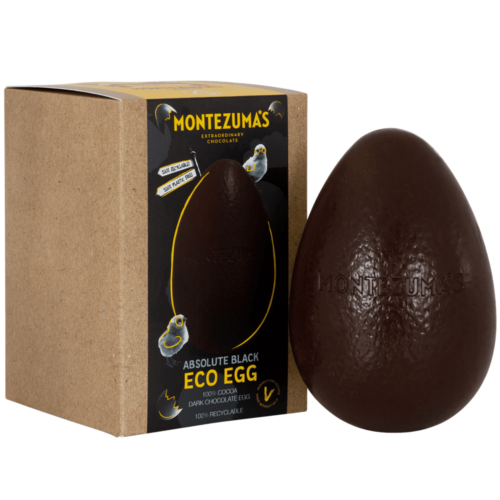 100% cocoa, Absolute Black chocolate eco Easter egg - in a brown craft box, with a blue sleeve, this egg uses a minimal amount of packaging and it is all recyclable! 