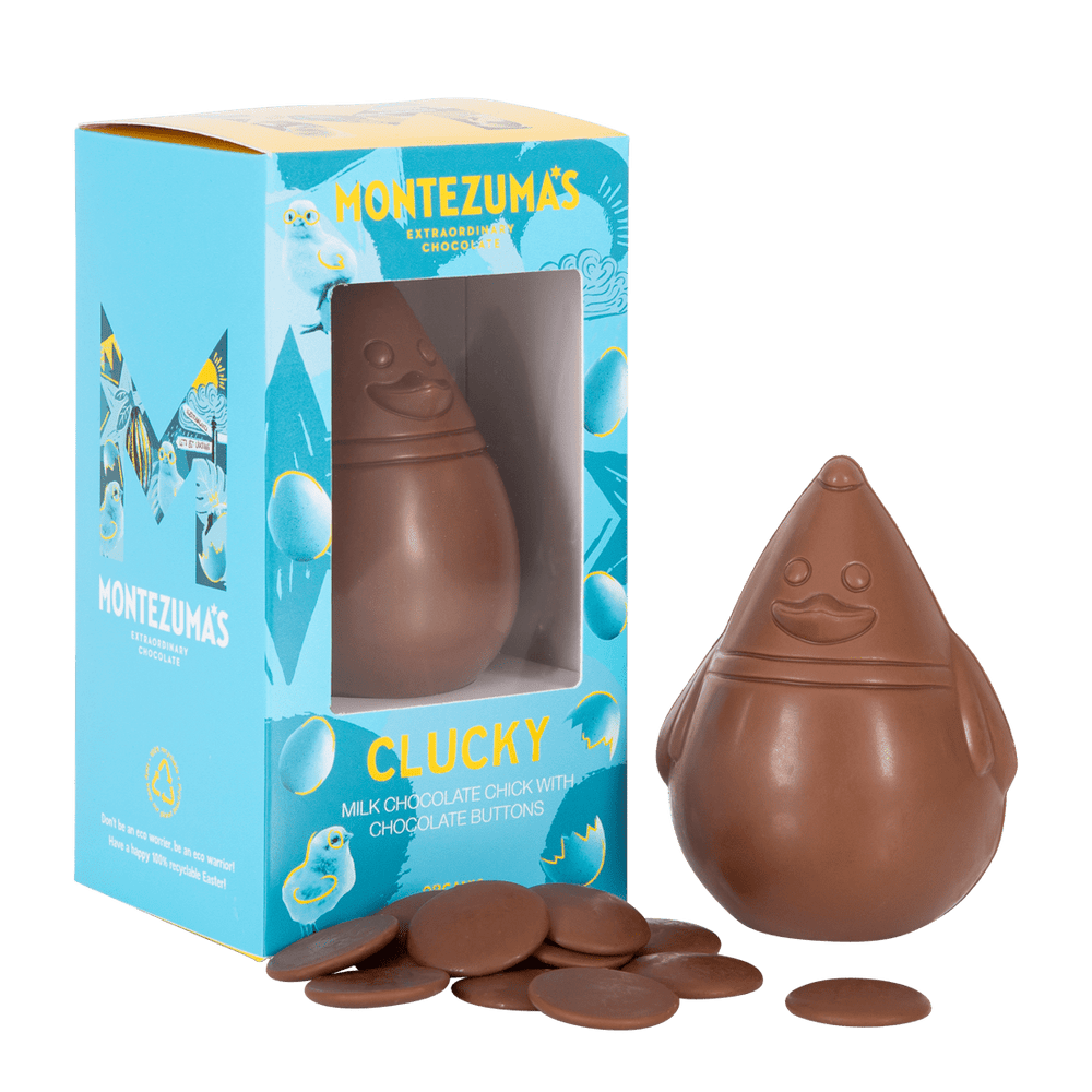 Organic Milk Chocolate Chick with Buttons in a blue box