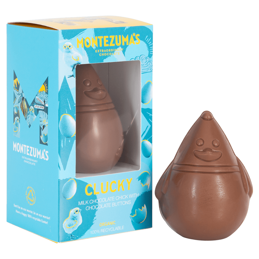 clucky milk chocolate organic easter chick with buttons. Presented in a blue box