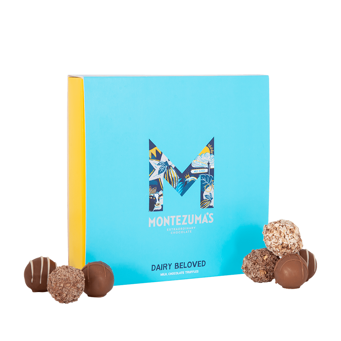 Dairy Beloved Milk Chocolate Truffles in a blue and yellow box