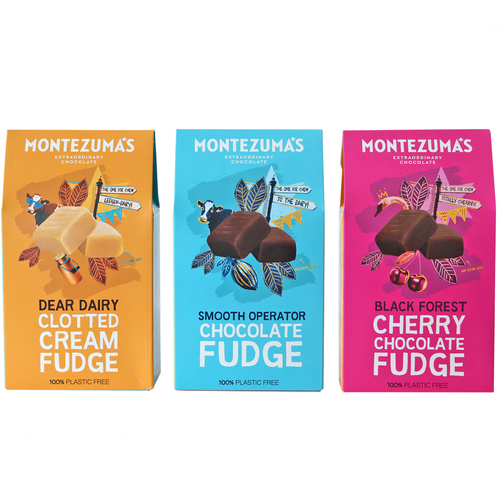 all three of the flavours in our fudge collection. chocolate, cherry and clotted cleam