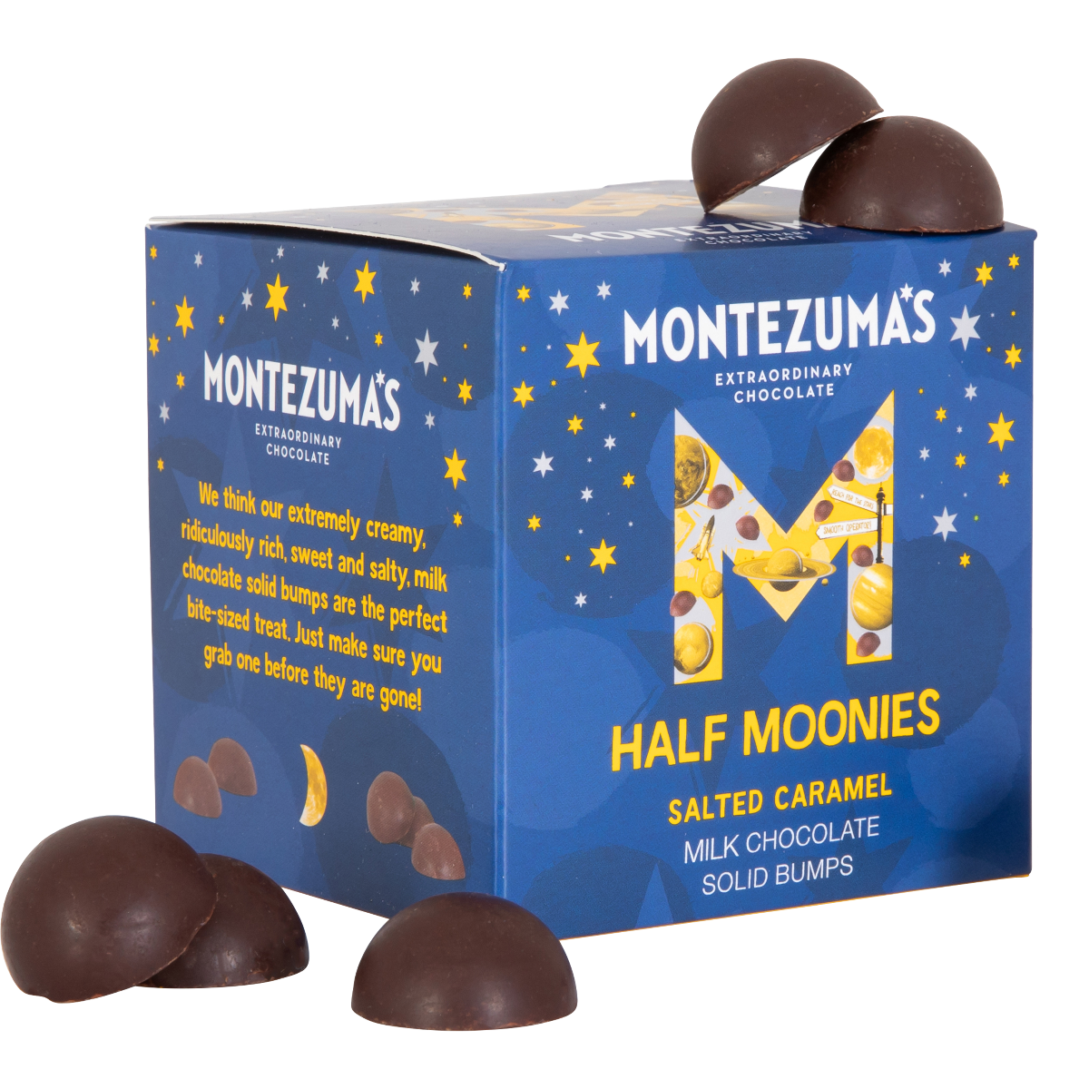 milk chocolate salted caramel half moonie solid chocolate bumps. dark blue box with yellow gold stars and planets in our 'M' logo