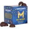 milk chocolate salted caramel half moonie solid chocolate bumps. dark blue box with yellow gold stars and planets in our 'M' logo