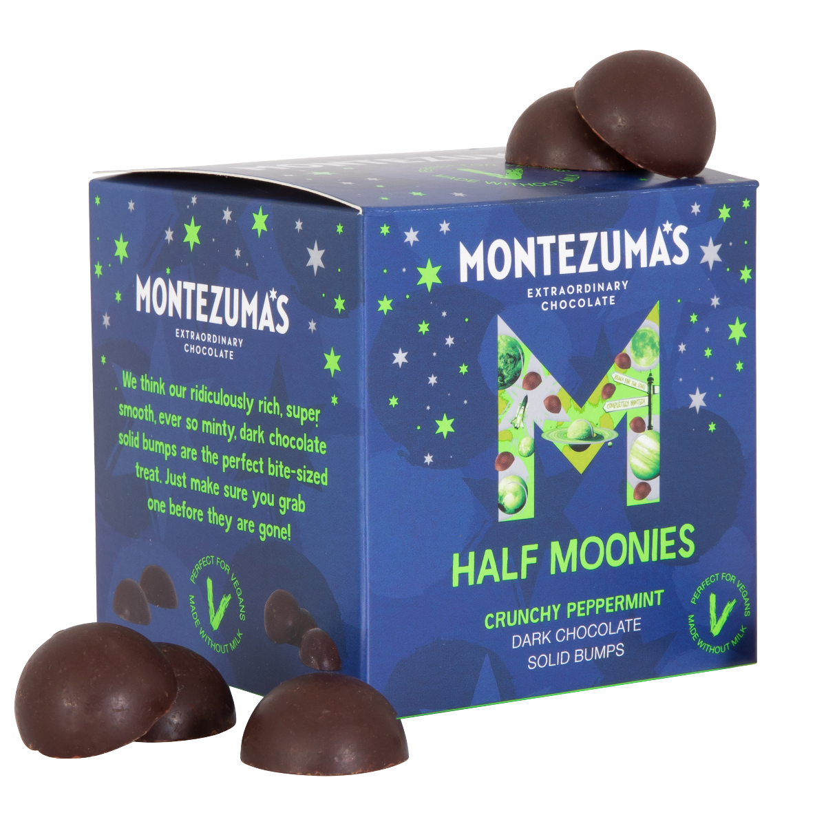 dark chocolate crunchy peppermint half moonies, solid chocolate bumps. dark blue box with green stars and planet details in our 'M' logo