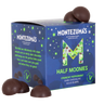 dark chocolate crunchy peppermint half moonies, solid chocolate bumps. dark blue box with green stars and planet details in our 'M' logo