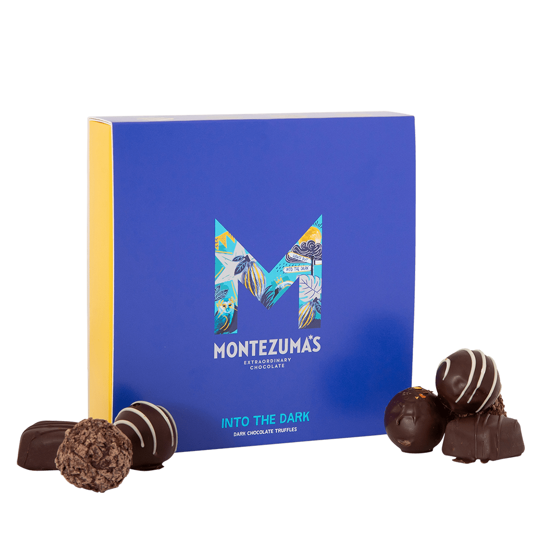 Into the dark chocolate truffle box in blue packaging