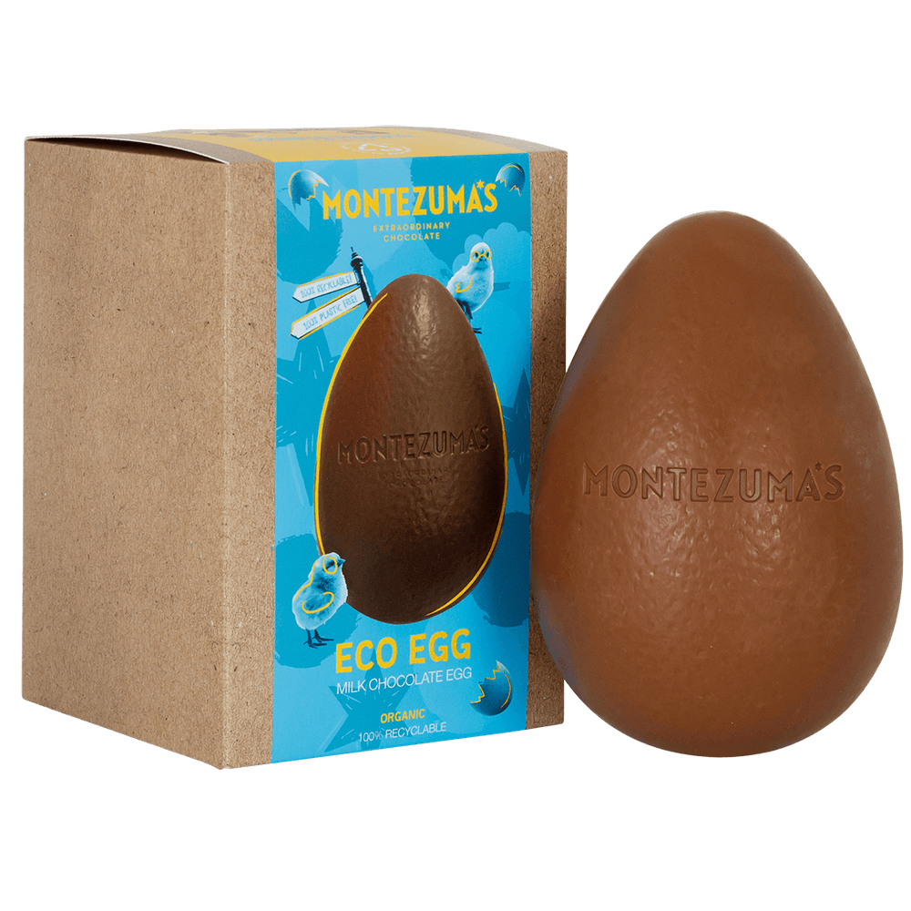 organic milk chocolate eco egg - in a brown craft box, with a blue sleeve, this egg uses a minimal amount of packaging and it is all recyclable! 