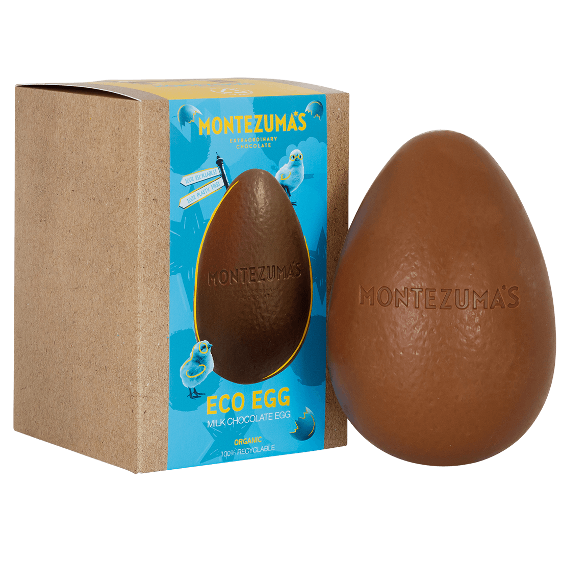 organic milk chocolate eco egg - in a brown craft box, with a blue sleeve, this egg uses a minimal amount of packaging and it is all recyclable! 