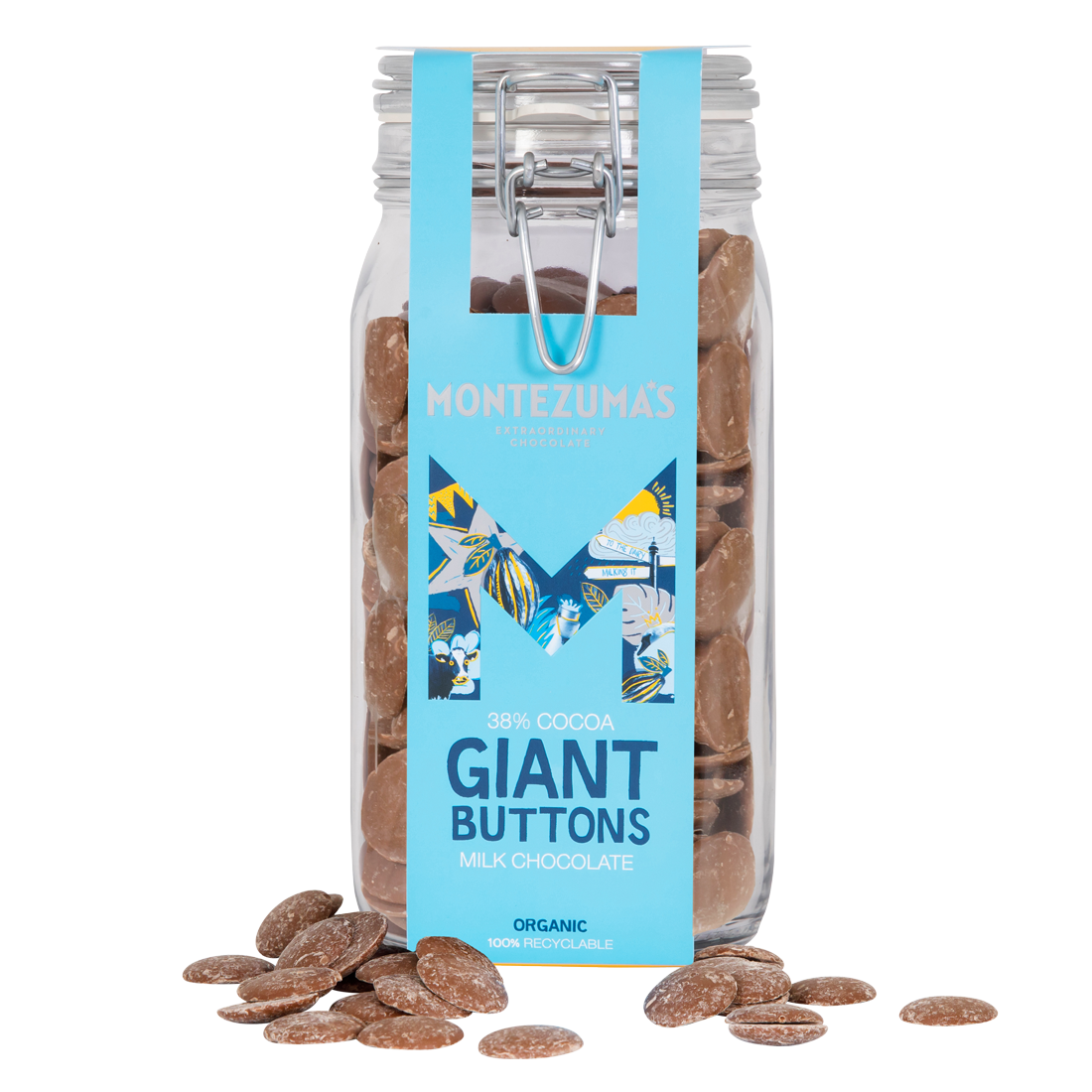 milk chocolate button jar with a blue sleeve 