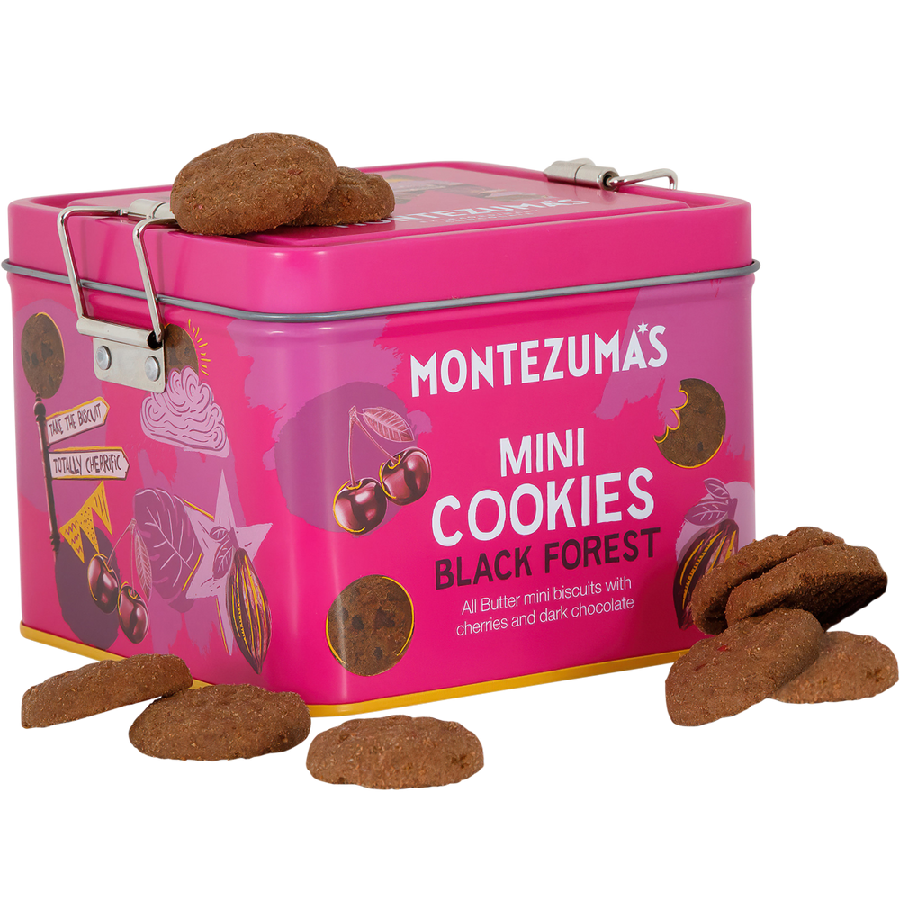 
                  
                    Montezuma's All Butter Dark Chocolate and Cherry Mini Cookies in reusable  pink tin 200g
                  
                