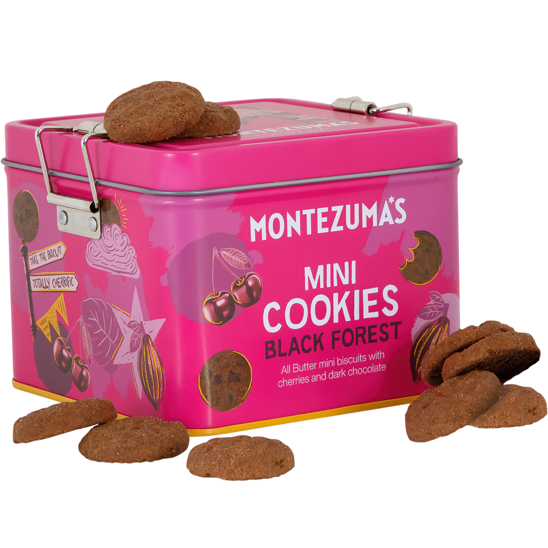 Montezuma's All Butter Dark Chocolate and Cherry Mini Cookies in reusable  pink tin 200g