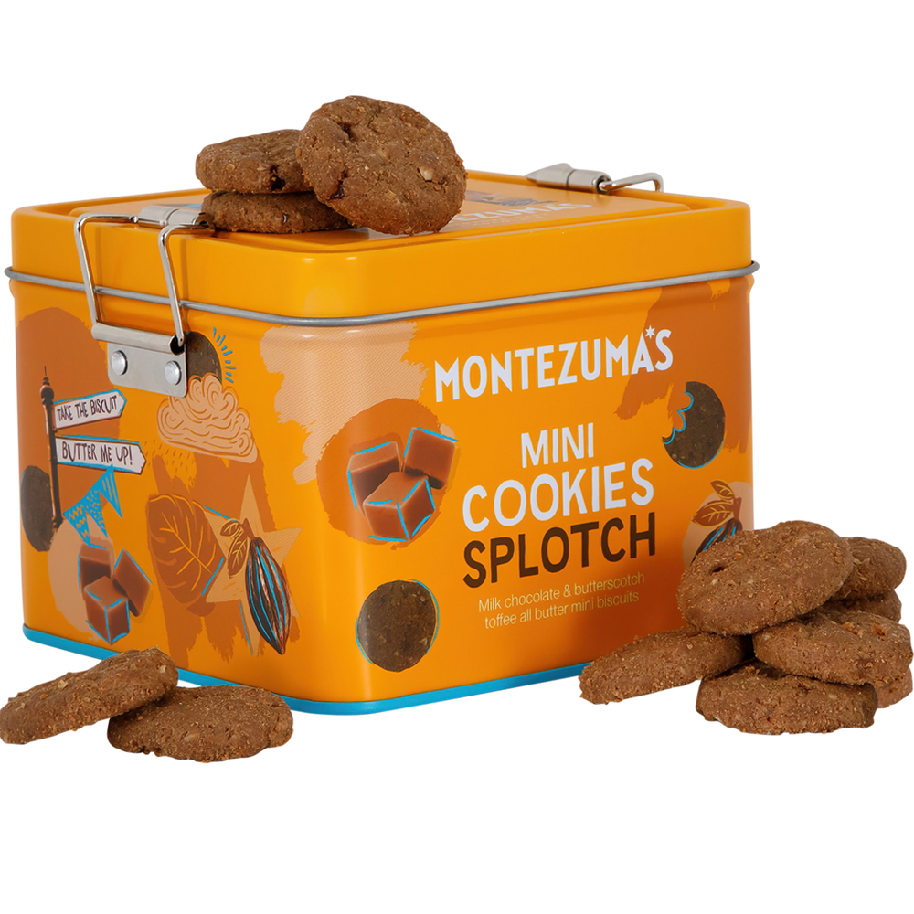 
                  
                    Montezuma's All Butter Milk Chocolate & Butterscotch Toffee Mini Biscuits in a yellow reusable gift tin
                  
                