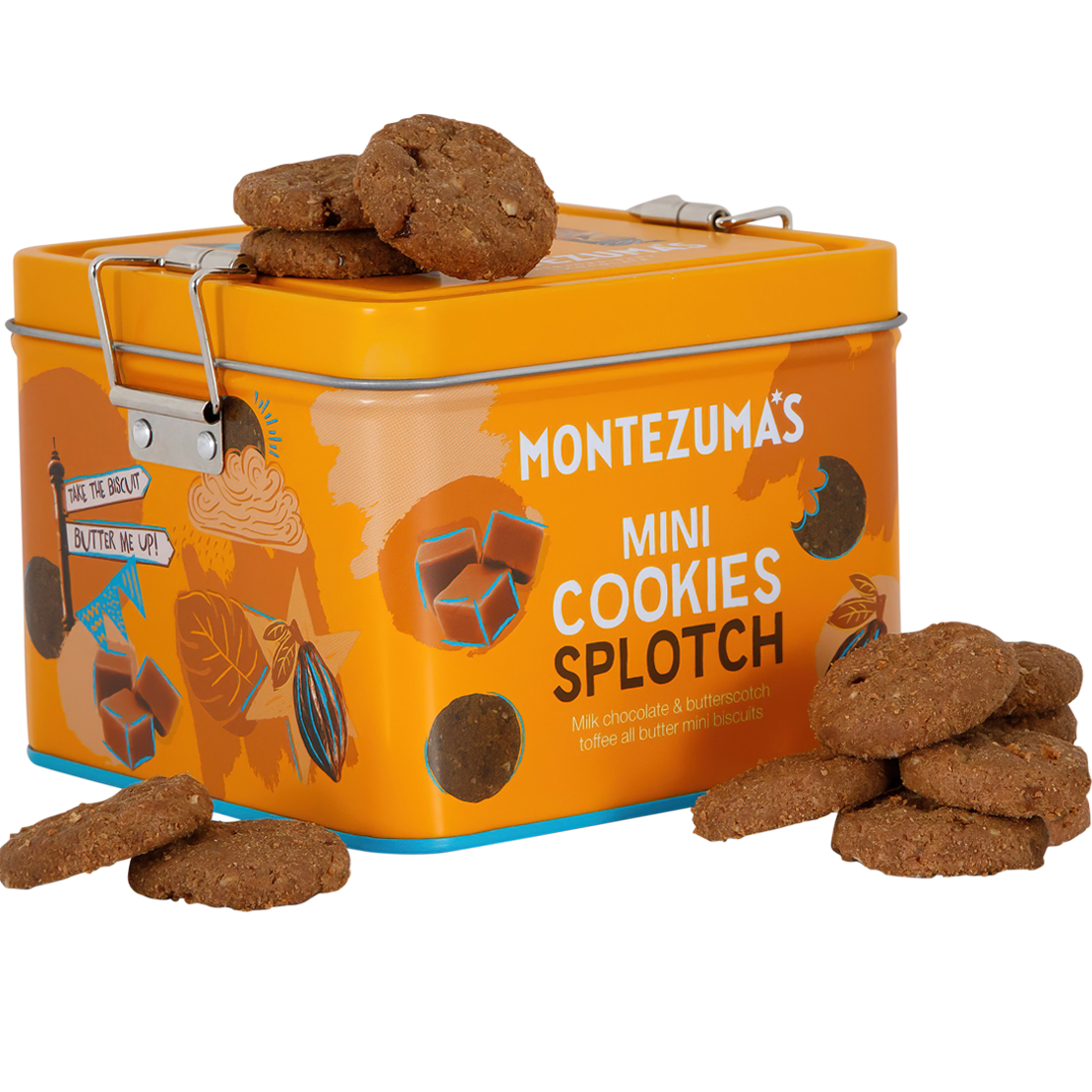 Montezuma's All Butter Milk Chocolate & Butterscotch Toffee Mini Biscuits in a yellow reusable gift tin