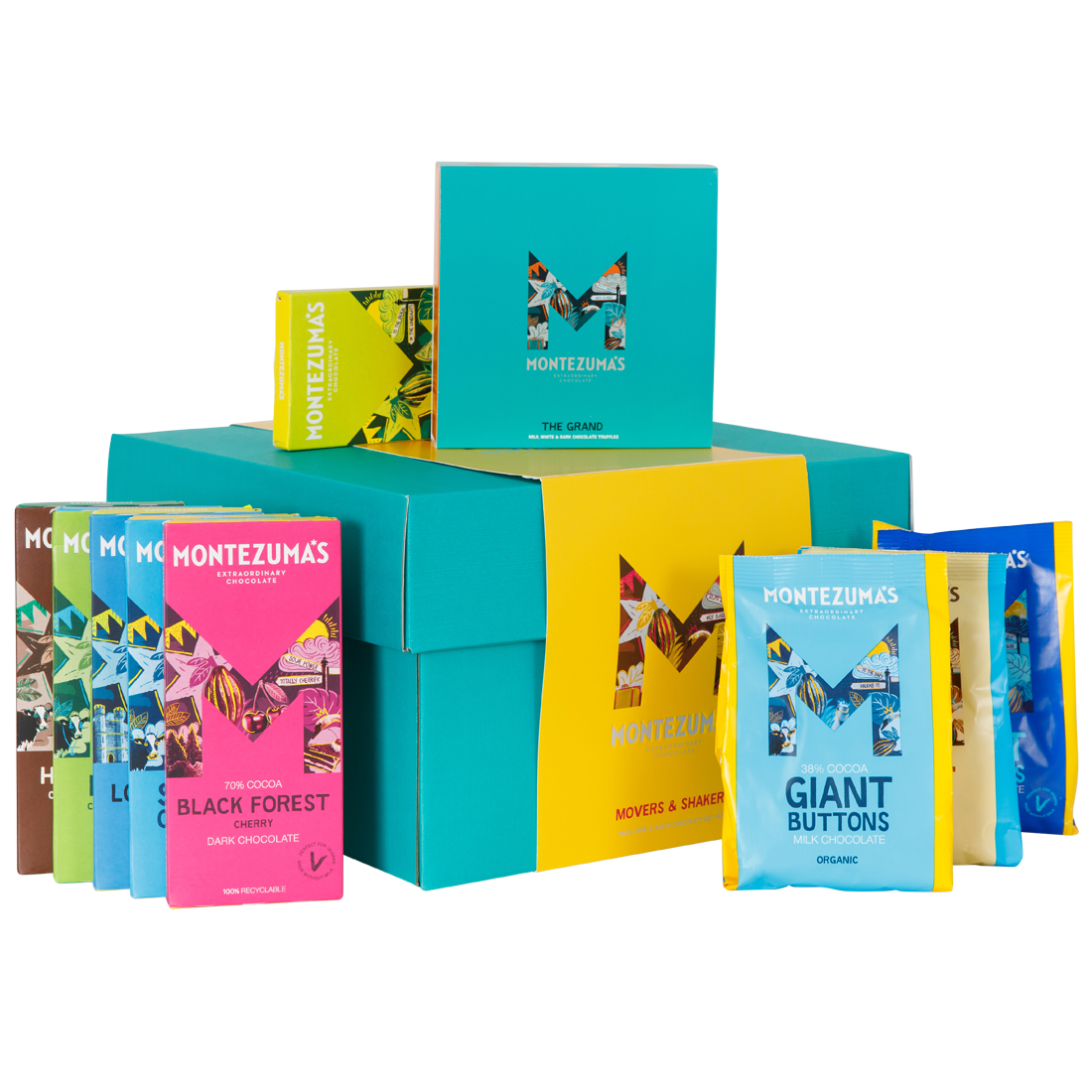 Movers & Shakers chocolate gift box - Teal box with yellow sleeve. Filled with a selection of our best selling flavoured chocolate bars, truffles and buttons 