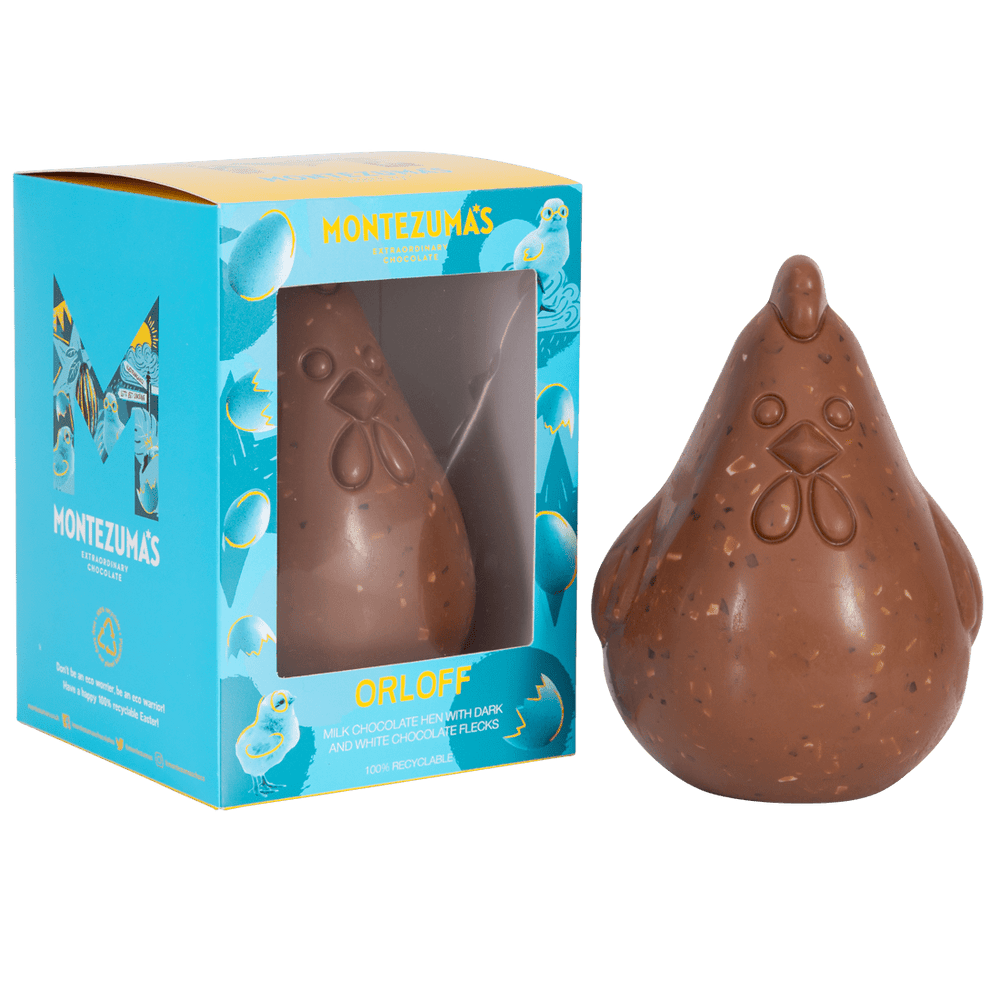 orloff - milk chocolate speckled easter hen in blue box