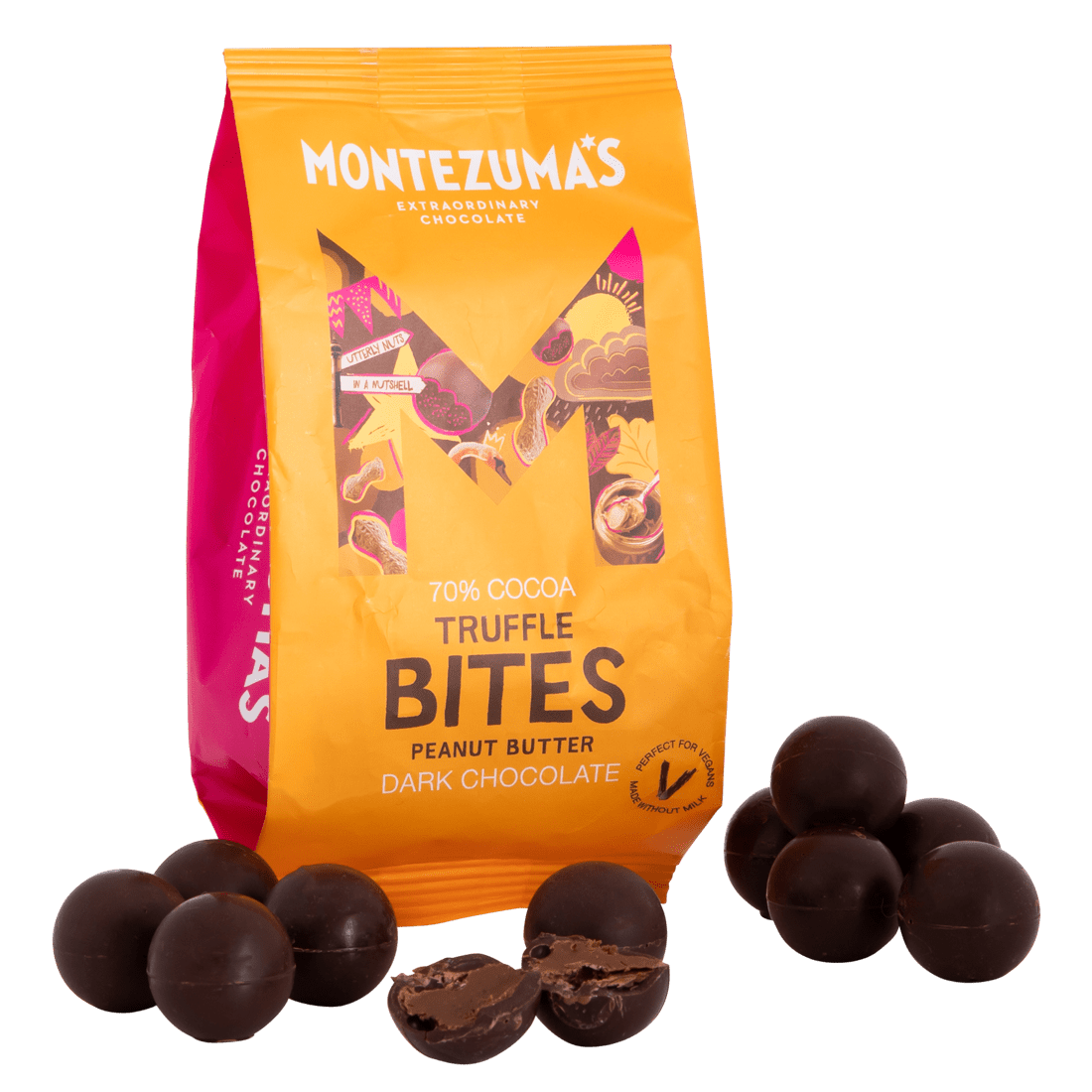 Dark chocolate peanut butter truffle bites in an orange packet