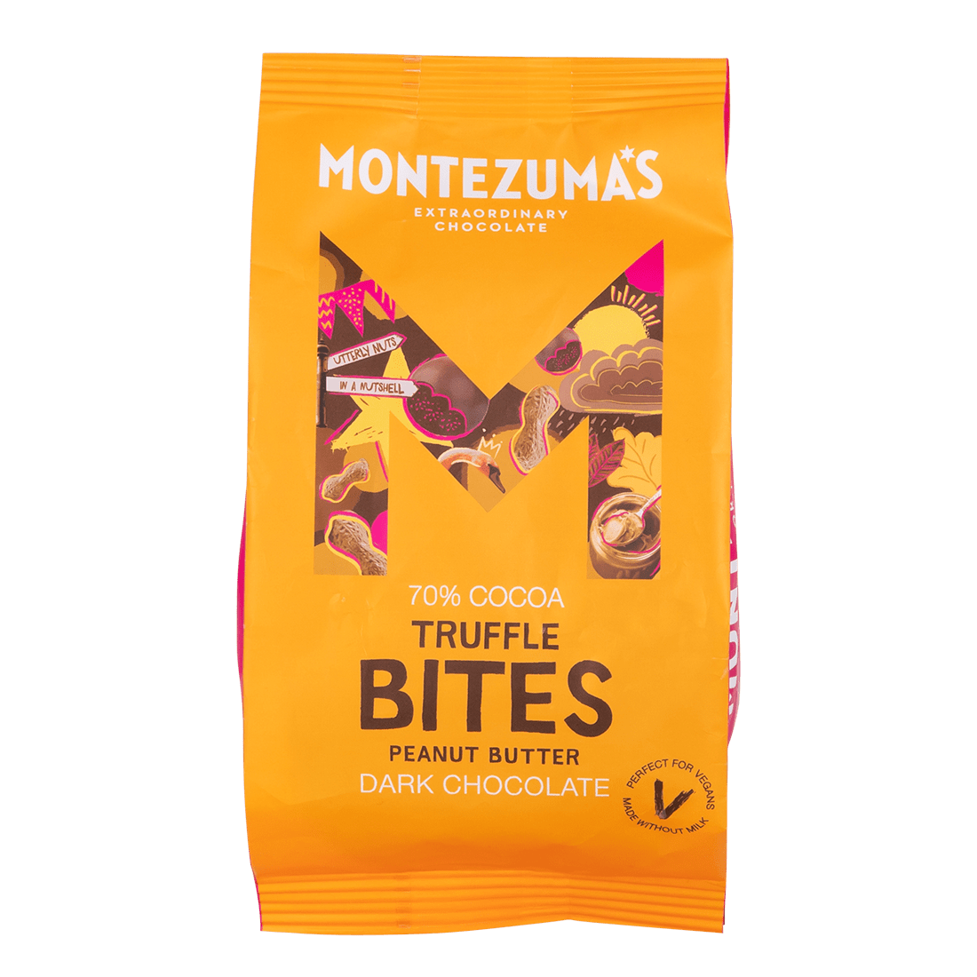 Dark chocolate peanut butter truffle bites in an orange packet