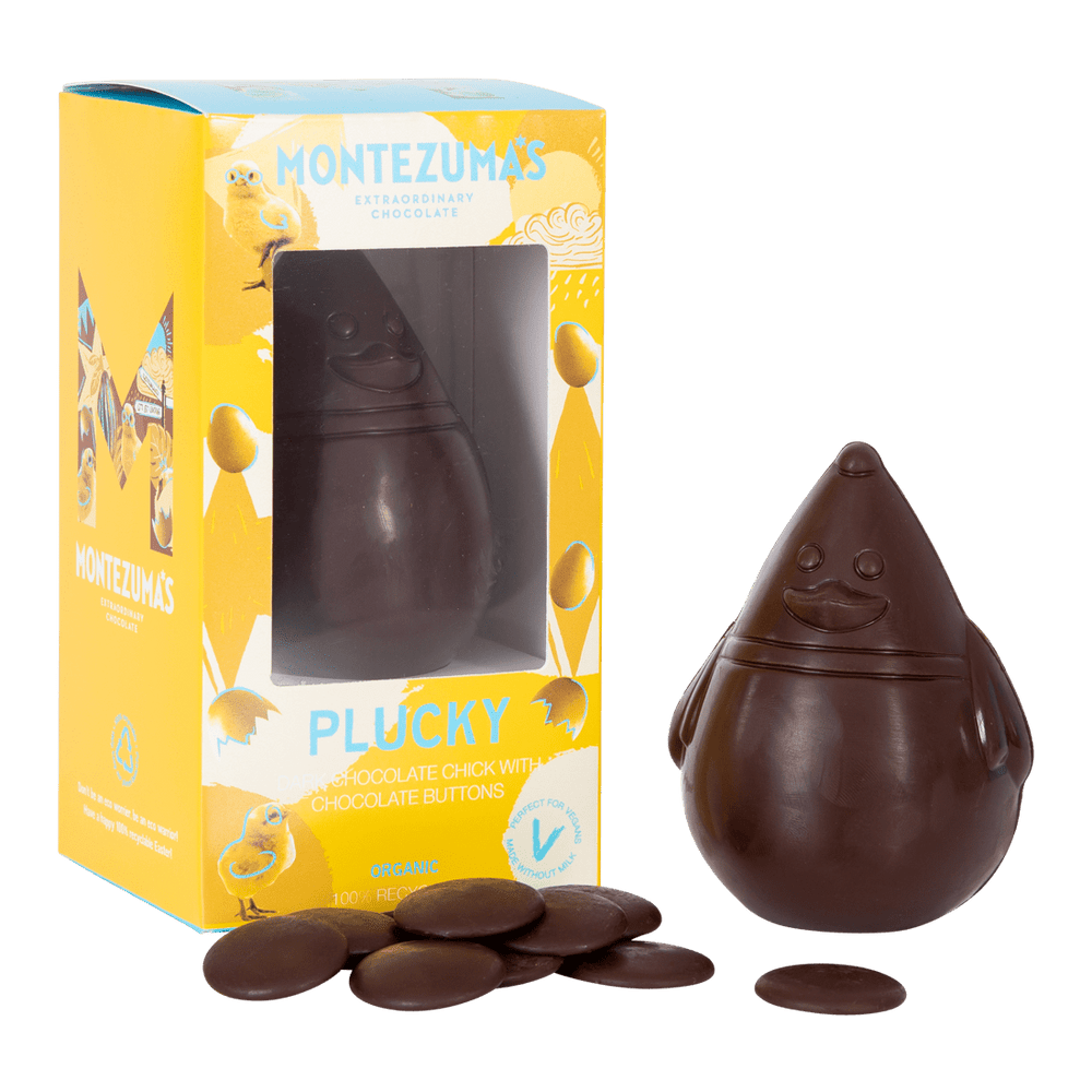 
                  
                    Plucky - dark chocolate vegan Easter choc with buttons. In a yellow box
                  
                