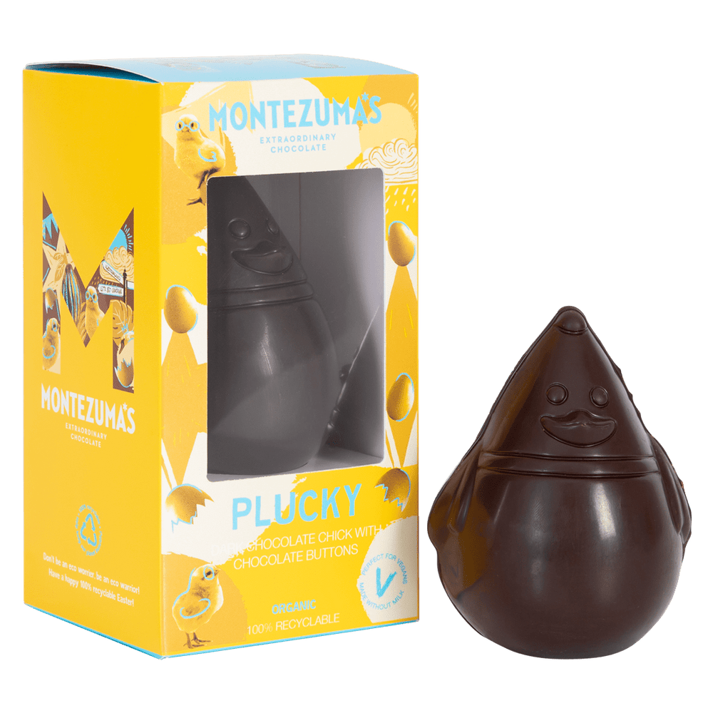 Plucky - dark chocolate vegan Easter choc with buttons. In a yellow box